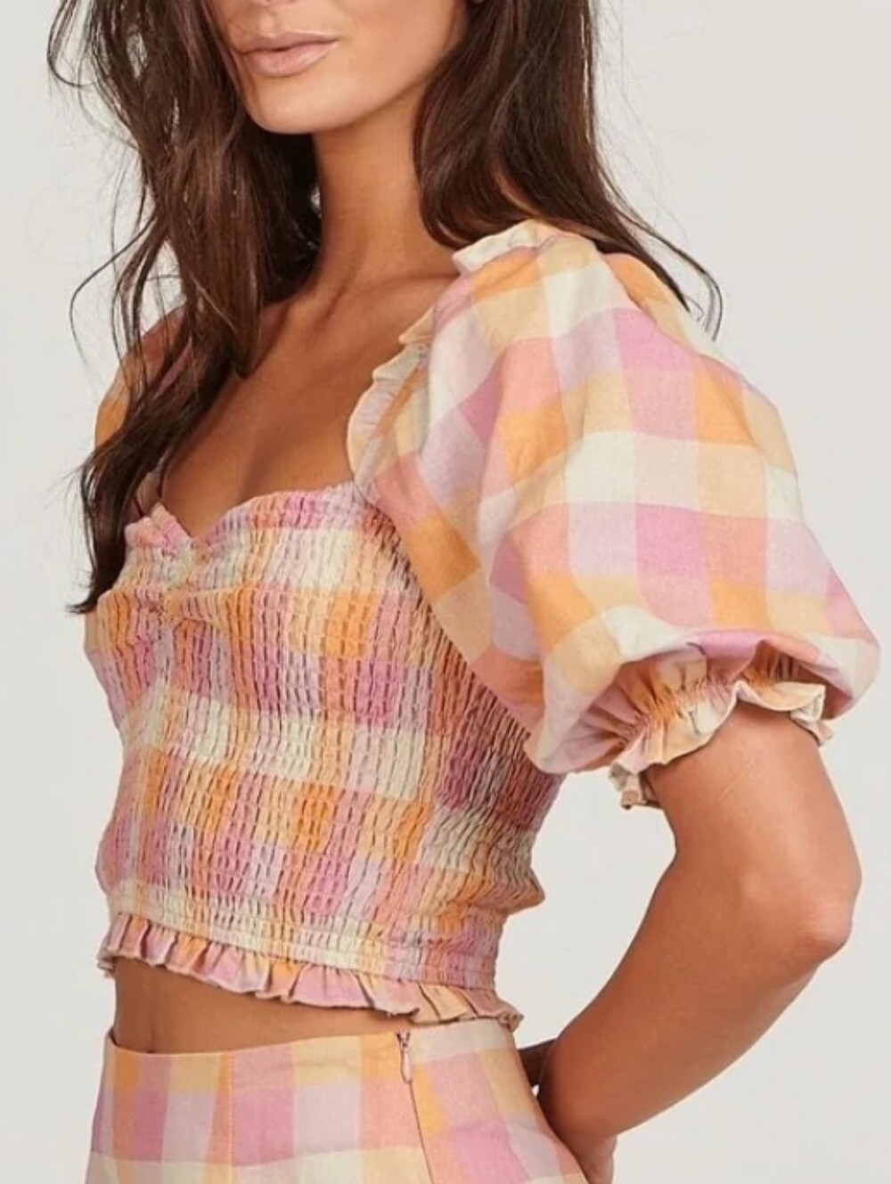 NWT Charlie Holiday Linen Cotton Blend Smocked Puff Sleeve Crop Top Pink Plaid 8